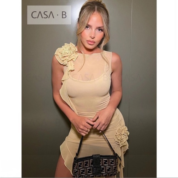 NEW to CASA B💫|Florencia Sheer Tulle Flower Appliqué Women’s mini Dress in Nude - Picture 1 of 6